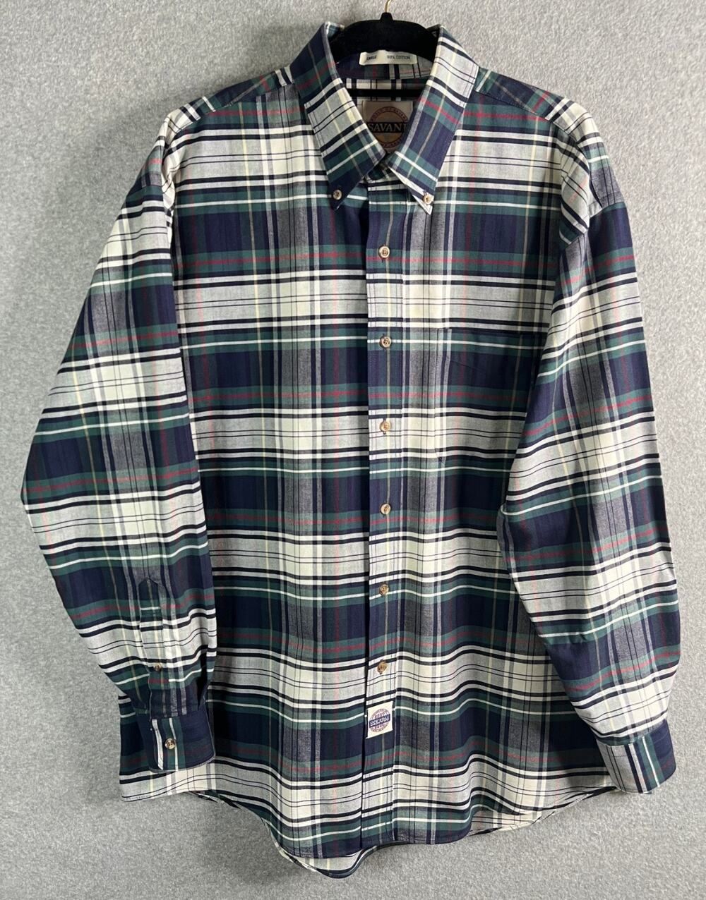 Savane Men’s Large Blue Green Plaid Button Down Shirt Cotton Long Sleeve Classic